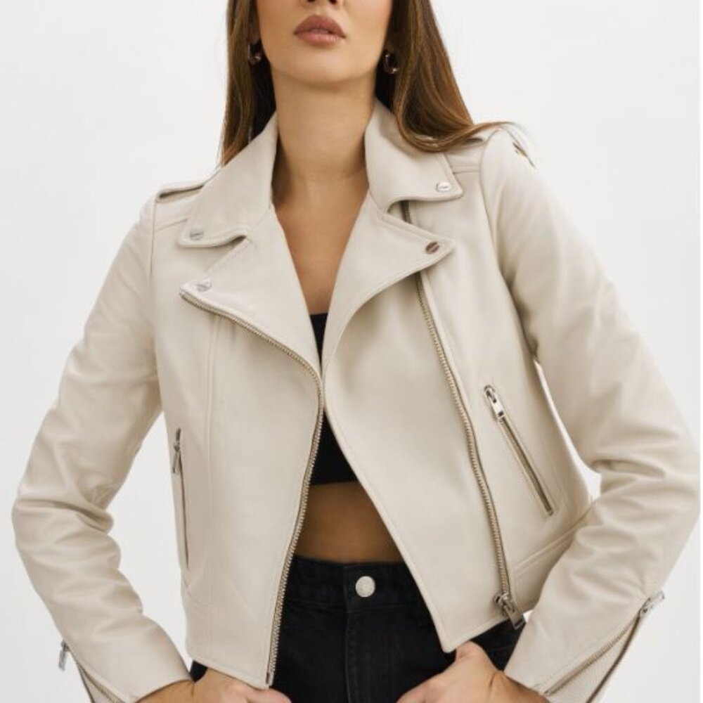 Lamarque $675 Bone White Genuine Lamb Leather Jacket size Small